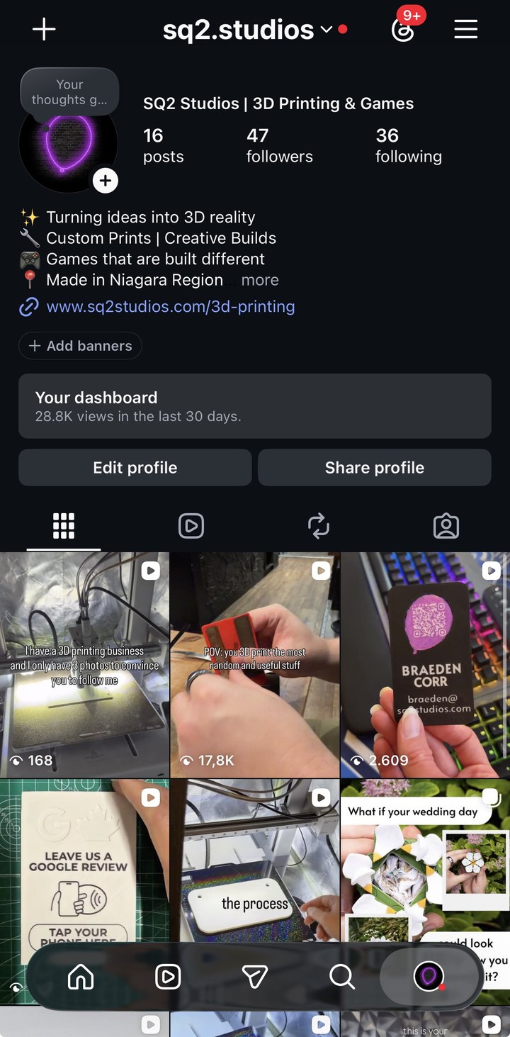 SQ2 Studios Instagram screenshot: 28.8K views in 30 days