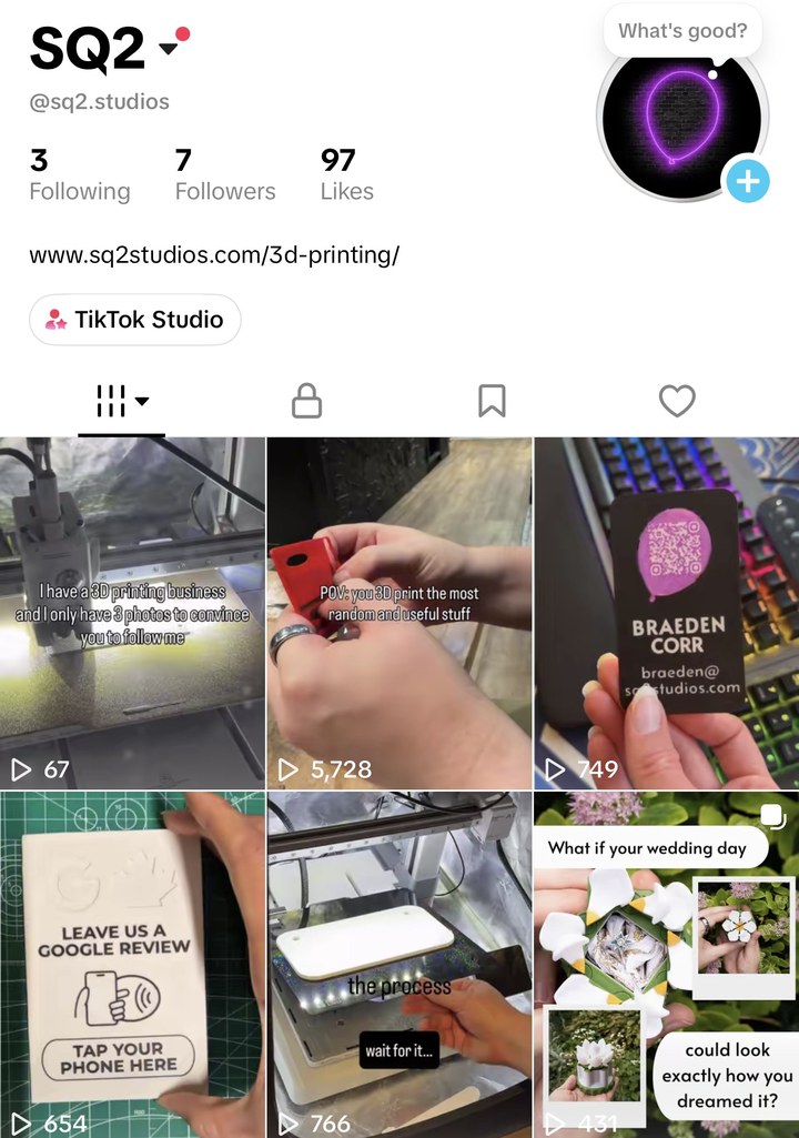 SQ2 Studios TikTok screenshot: Profile